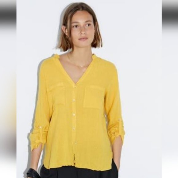 ZARA | 💯 linen shirt blouse yellow mustard sz L - Picture 2 of 6